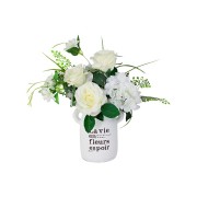 Декоративные цветы Розы и гортензия белые в керамической вазе