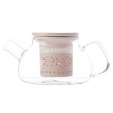 Чайник стекло с ситечком и крышкой из фарфора Лилия (розовый)  0,7 л